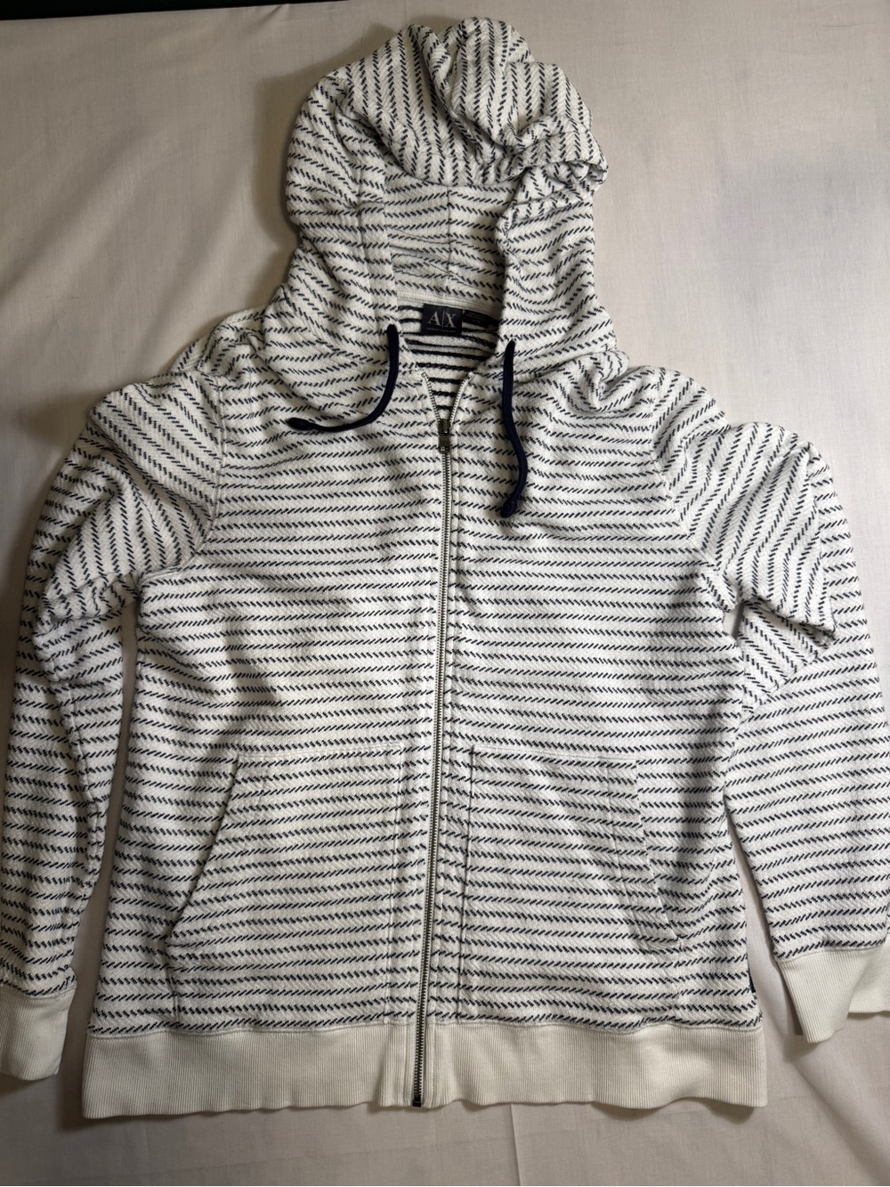 Armani Exchange Hoodie Mens XL AX Textured Knit Full Zip Navy Cream Striped